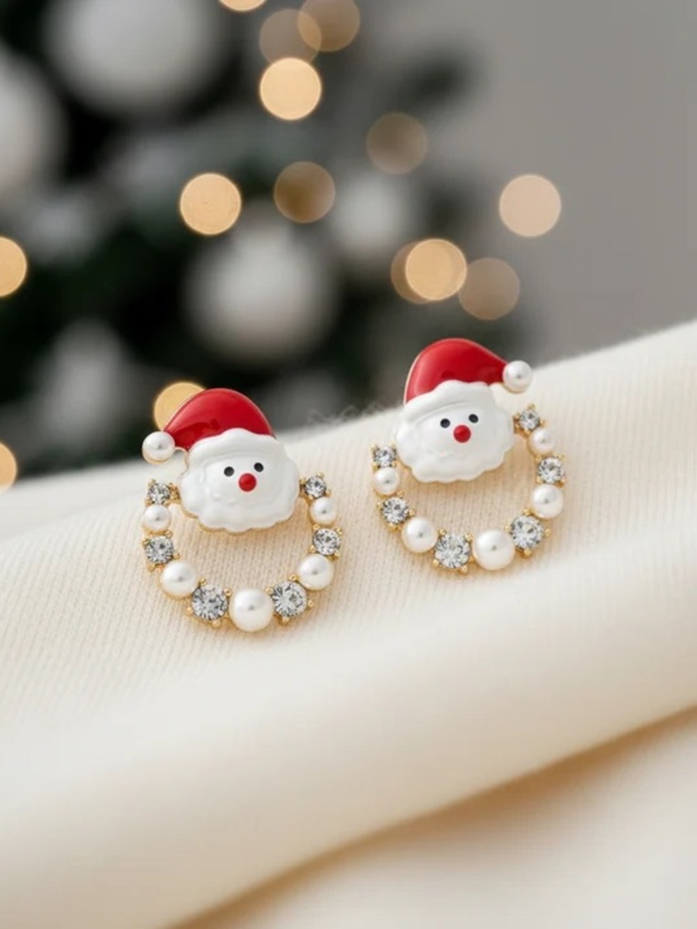 Holiday Santa Pearl & Crystal Hoop Earrings